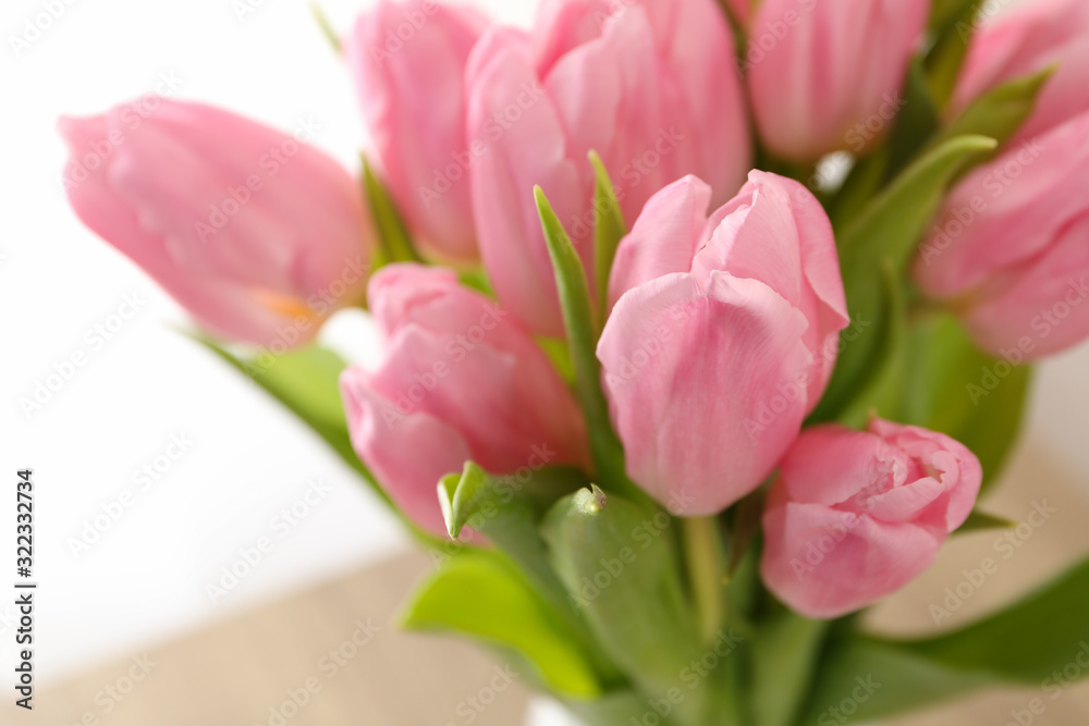 Beautiful pink tulips with green leaves, close up