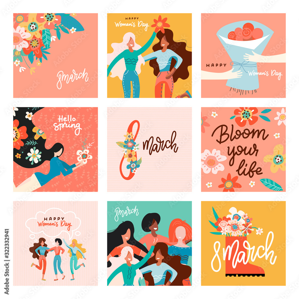 International Women's Day. Greeting cards big set with women, flowers and lettering. Design element for poster, banner. Flat hand drawn vector illustration