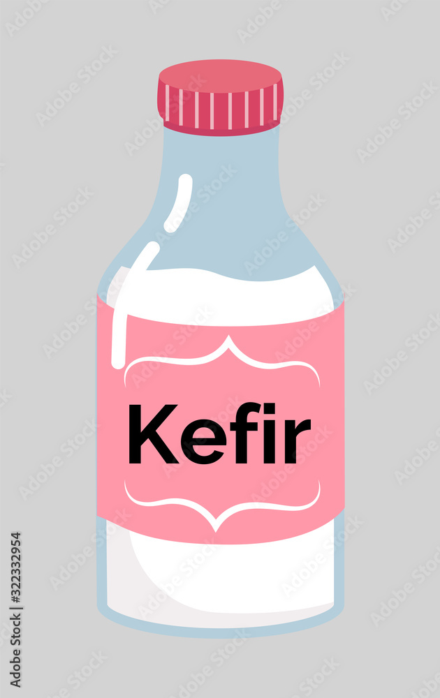 Kefir in bottle and emblem. Isolated icon of dairy product full of good bacterias. Dieting food for healthy lifestyle and probiotics fulfillment. Calcium and proteins in milk based meal vector