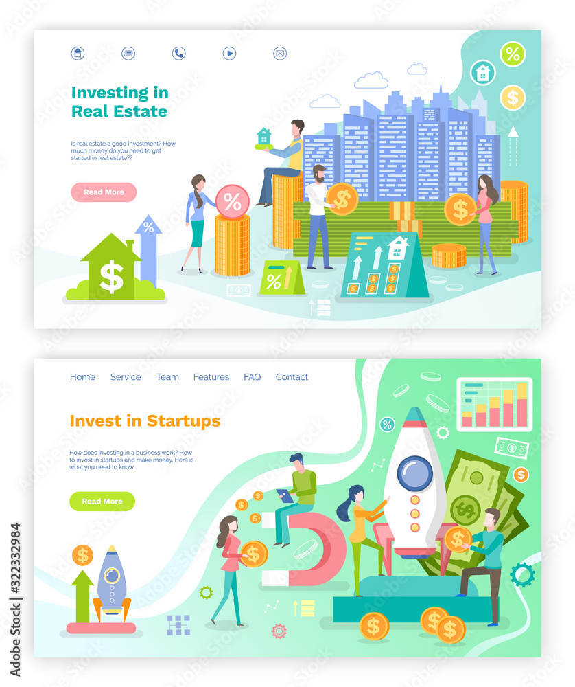 Naklejka premium Investing in startup and real estate vector, people with money invested in future construction and building of homes and houses, spaceship rocket. Website or webpage template, landing page flat style