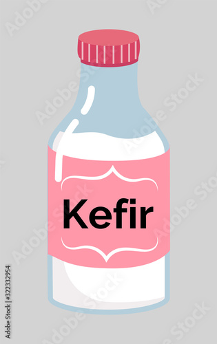 Kefir in bottle and emblem. Isolated icon of dairy product full of good bacterias. Dieting food for healthy lifestyle and probiotics fulfillment. Calcium and proteins in milk based meal vector