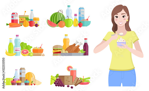Female character eating yogurt rich in probiotics and good bacteria. Isolated woman and set of meals. Watermelon and bottle of water, fruits and vegetable with chicken meat. Vector in flat style