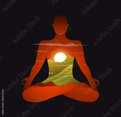 Yoga Man or woman silhouette in lotus pose in mountains nature sunrise or sunset on black background.