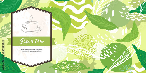 Green banner for tea design. Tea shop. A cup drawn in one line.