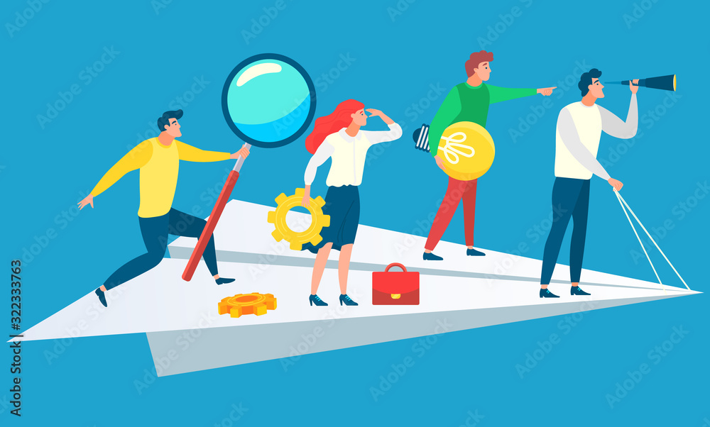 Fototapeta premium People following leader vector, business team with tools standing on paper plane flying forward. Man and woman with magnifying glass and cogwheel bulb