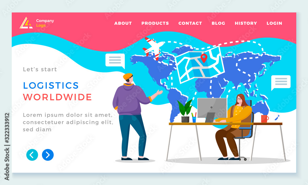 Logistics worldwide, international shipment and delivery of cargo and orders of clients. People in office tracing freight and goods. Website or webpage template, landing page, vector in flat style