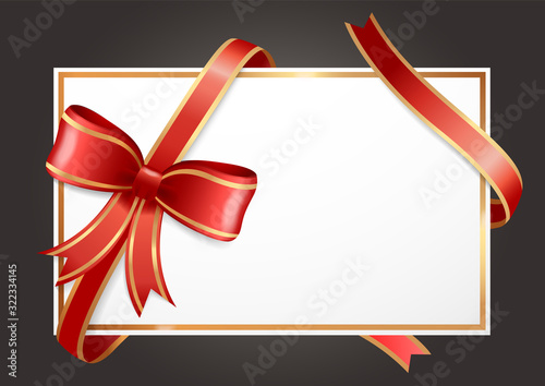 Blank certificate or banner with ribbon decoration. Elegant design of gift card or present mockup. Coupon with copy space. Celebration and greeting empty voucher. Vector in flat style illustration