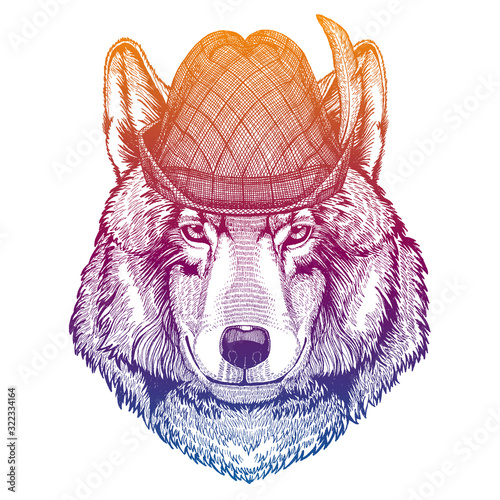 Vector wolf, dog. Bavarian traditional hat. Tirol austrian hat. Beer oktoberfest animal portrait.
