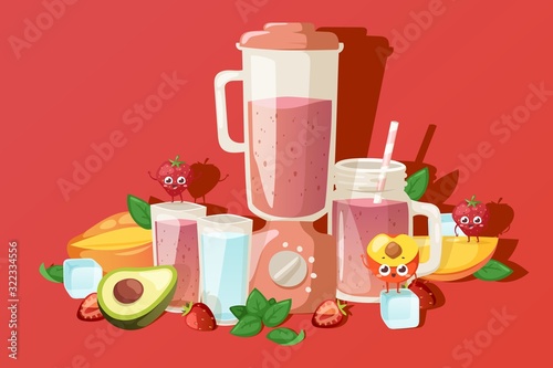 Fruit smoothie ingredients, fresh summer beverage, vector illustration. Cute mascot cartoon character, children menu in summer cafe. Organic smoothie recipe, fruit mix, natural healthy raw ingredients
