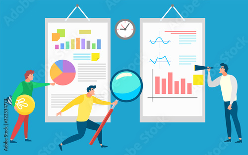 Data analysis vector, people with tools investigating data and looking at results of project. Person with magnifying glass and light bulb, business idea