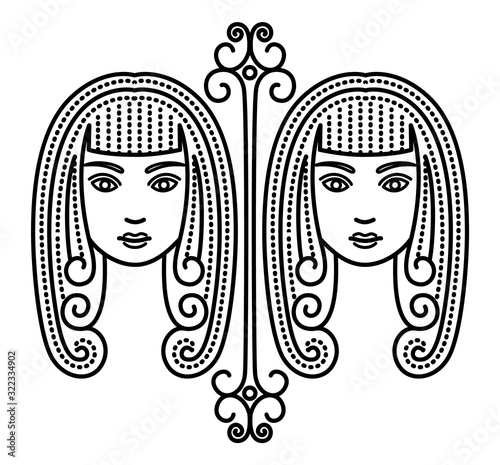 Third astrological sign, gemini associated with constellation. Zodiac represented by twins. Contour drawing of two beautiful women on white background. Vector illustration of asterism in flat style