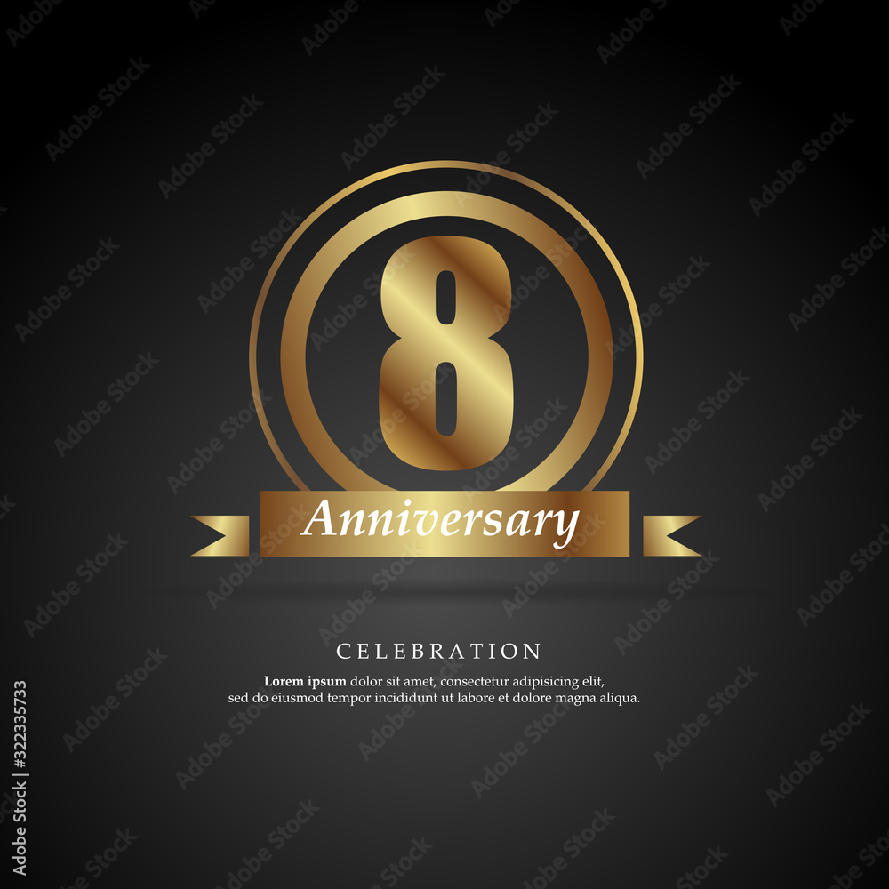 8th anniversary golden logo text decorative. With dark background. Ready to use. Vector Illustration EPS 10 8th anniversary golden logo text decorative. With dark background. Ready to use. Vector Illustration EPS 10