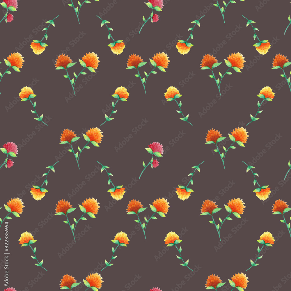 Seamless floral pattern. Wildflowers on a brown background. Botanical illustration. Trifolium flowers. Design for packaging, fabric, textile, wallpaper, website, cards.