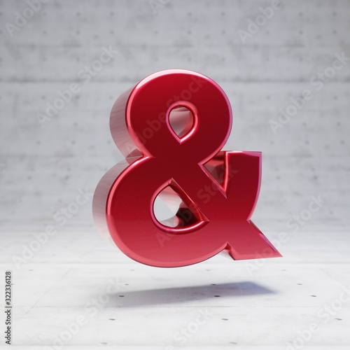 Red ampersand symbol. Metallic red color character isolated on concrete background.