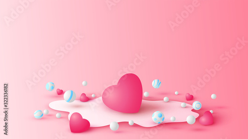 Illustration of pink heart and balls bouncing around on pink ground. Graphic design for Valentine's day. paper cut and craft style. vector, illustration.