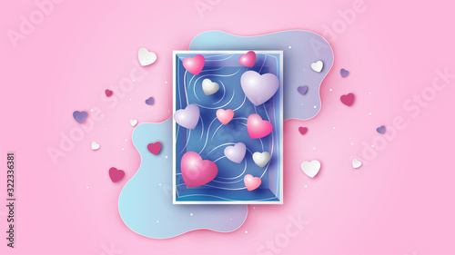 Sweet pool box design with overflow water and pink hearts floating on the pool. Graphic design for Valentine’s day. paper cut and craft style. vector, illustration.