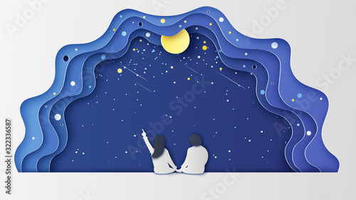 Honeymoon young couple are sitting and watching stars on romantic night sky in Valentine's day. paper cut and craft style. vector, illustration.