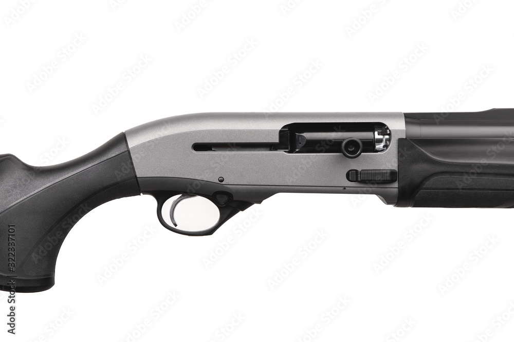 Modern semi-automatic shotgun butt isolate on a white background. Weapons for hunting, sports and self-defense.