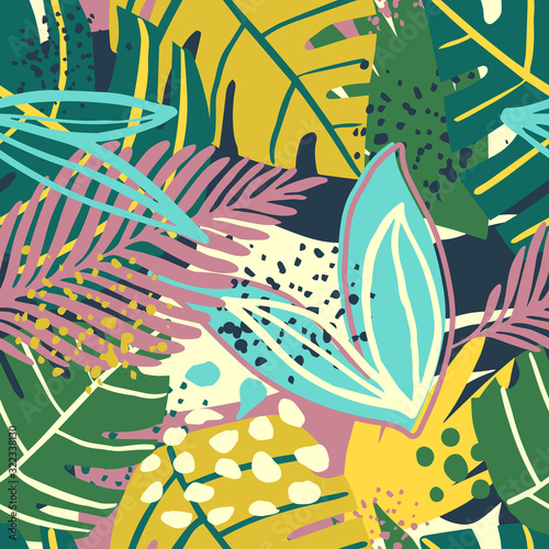 Seamless pattern with trendy exotic floral. Contemporary collage design vector illustration.