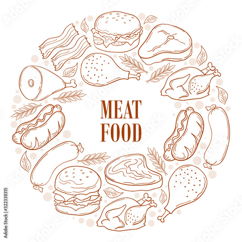 Meat food doodle Frame. Linear graphic. Vector illustration