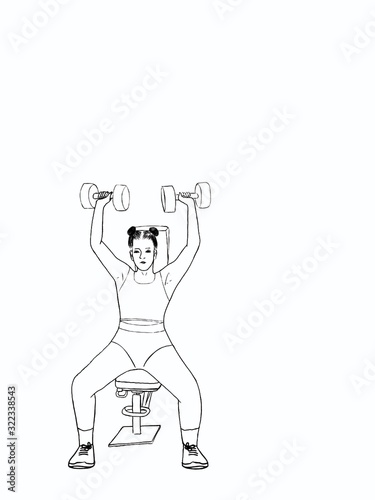 Woman doing exercises with dumbbells. Sport Sketch. Summer sport illustrations collection. Girl power. Active lifestyle concept. Feminism. A picture with free space for your text.