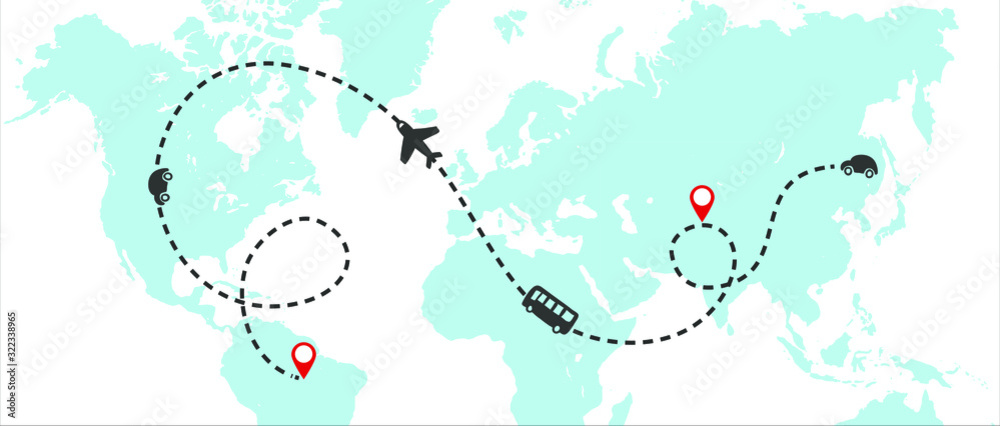 World map whit dashed trace line and airplanes flying, bus driving, and car. Travel concept. Vector illustration.