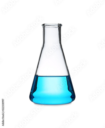 Erlenmeyer flask with light blue liquid isolated on white