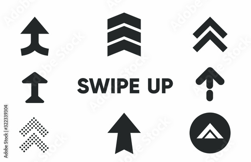 Black arrows, buttons and web icons for advertising and marketing in social media application. Swipe up, set of buttons for social media.