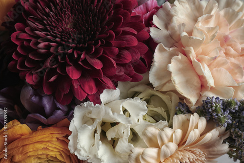 Beautiful bouquet, closeup. Floral card design with dark vintage effect