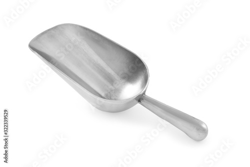 Clean shiny metal scoop isolated on white photo