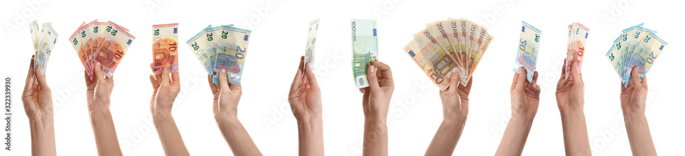 Collage with women holding euro banknotes on white background, closeup - obrazy, fototapety, plakaty 