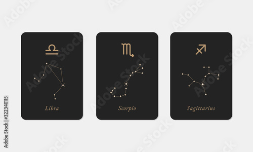 Libra, Scorpio, Sagittarius constellations Vector Design. Hand Drawn Libra, Scorpio, Sagittarius Zodiac Symbols. Minimalistic illustration set.