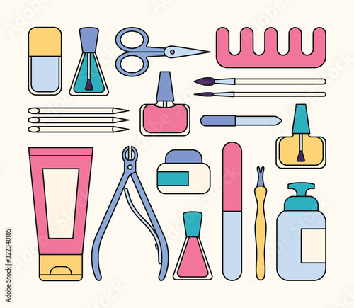 Manicure tools and accessories. A set of elements on the topic of nail manicure. Vector illustration in flat minimal style
