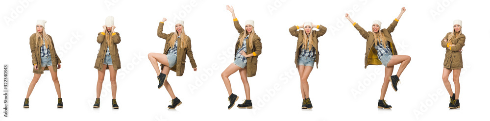 Pretty woman in jeans shorts isolated on white Pretty woman in jeans shorts isolated on white