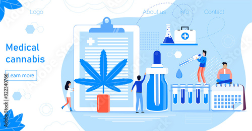 Medical cannabis concept vector. Tiny doctors show advantages of medical marijuana, cannabinoids medicinal drugs. Bottle with cbd oil. Health care homepage, template