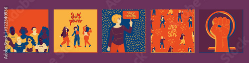 Feministic card set. Lettering.Seamless pattern of diverse female portraits and copy space.Three dancing happy girls.Woman-protester.Pattern with different women in full size.Raised fist, venus symbol