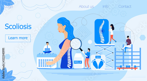 Scoliosis medical anatomical concept vector for homepage. Vertebral osteochondrosis, osteoporosis illustration. Kyphosis, lordosis, curvature of skeleton diseases.