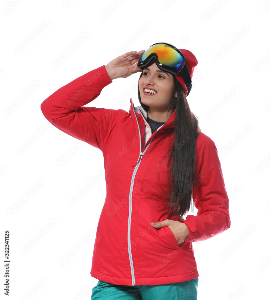 Woman wearing stylish winter sport clothes on white background Woman wearing stylish winter sport clothes on white background