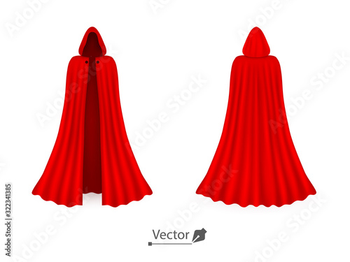 Vector realistic set of red cloaks with hoods. Carnival clothes, fancy dress, masquerade costume for superhero, vampire. Mockup.