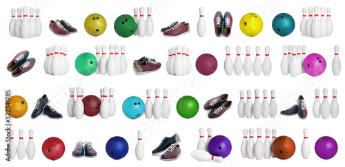 Set of bowling balls  pins and shoes on white background