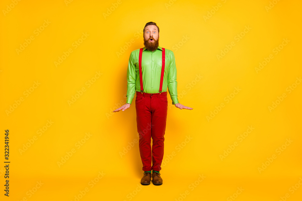 Full length photo of attractive funky guy standing impressed good mood rejoicing wear green shirt red suspenders pants socks footwear isolated bright color background Full length photo of attractive funky guy standing impressed good mood rejoicing wear green shirt red suspenders pants socks footwear isolated bright color background