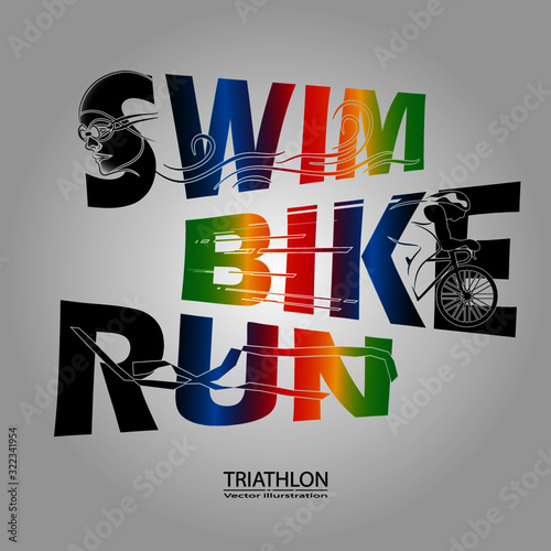 Visual drawing text of swimming, cycling and runner sport at fast of speed in triathlon start to stop game, line design style by step on background for vector illustration, exercise sport concept
