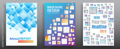 Minimal cover design with colorful square, shapes. Creative and inspirational brochure design template. Technology vector geometric illustration.