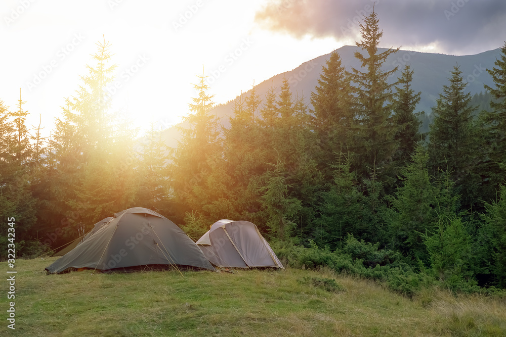 Green tourist tent in camp among meadow and forest in the mountains.Nature background