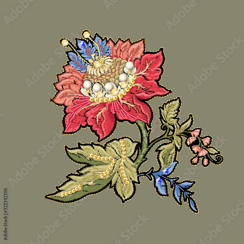 Fantasy flowers in retro, vintage, jacobean embroidery style. Embroidery imitation with beads and sequins. Vector illustration.