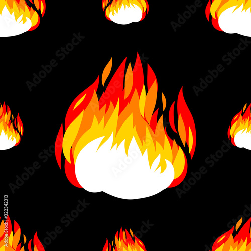 Fire seamless pattern for multipurpose as tile, T-shirt, wallpaper and much more. Hand drawn brush graphic design. Vector illustration on black background.