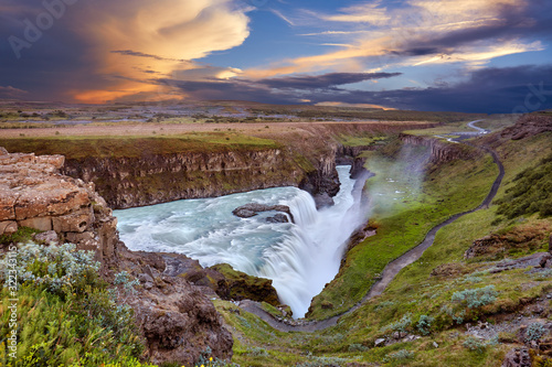 Schilderij op canvas Panoramic view on Gullfoss waterfall on the Hvíta river, a popular tourist attraction and part of the Golden Circle Tourist Route in Southwest Iceland
