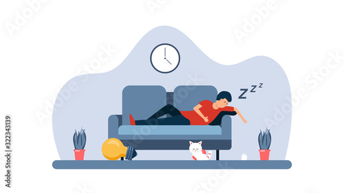 Man with no idea sleep on the sofa. Element collection design with business or finance concept for website development or social media advertising.