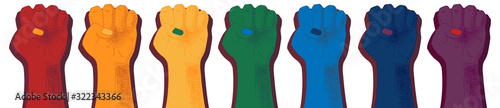 Raised fists set. LGBT concept. 7 fists in rainbow colors. Protest against homophobia. Isolated on white. Flat style vector illustration. Fight. Design element for banner, poster, logo, t-shirt print