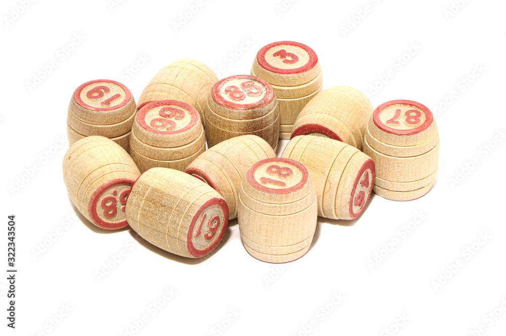 Board game lotto. Wooden barrels isolated on a white background. Gambling. Bingo. Board game lotto. Wooden barrels isolated on a white background. Gambling. Bingo.